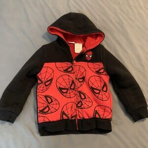 Marvel Jacket Boys 6 Red Black Spider-Man Hooded‎ Sherpa Lined Fleece Full Zip